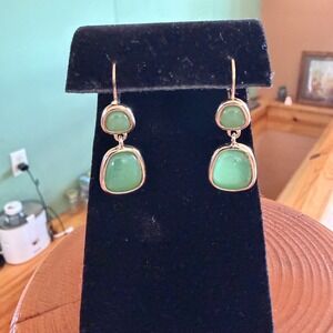 Vintage Signed MONET Gold & Green Cabochon Drop Earrings Lever Back